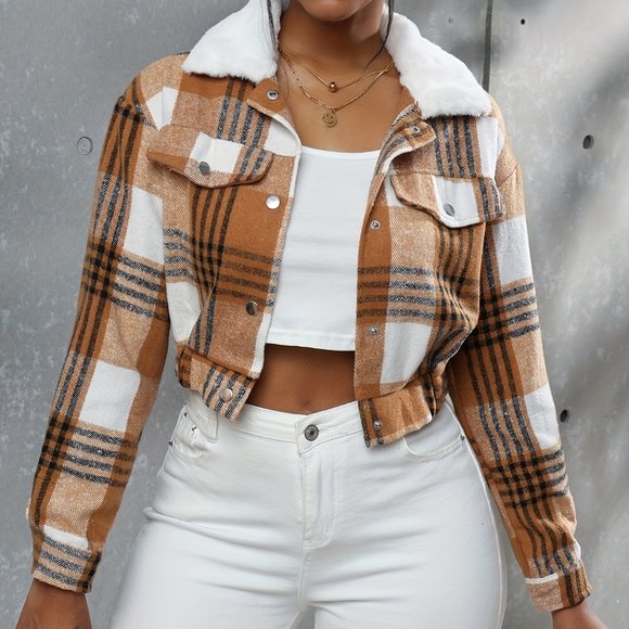 Boho Button Plaid Faux Fur Collar Jacket, Casual Long Sleeve Crop Jacket - Picture 8 of 10
